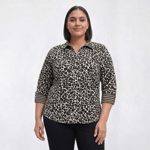 Plus Size Emily Daniels 3/4 Roll Sleeve Leopard Button Down